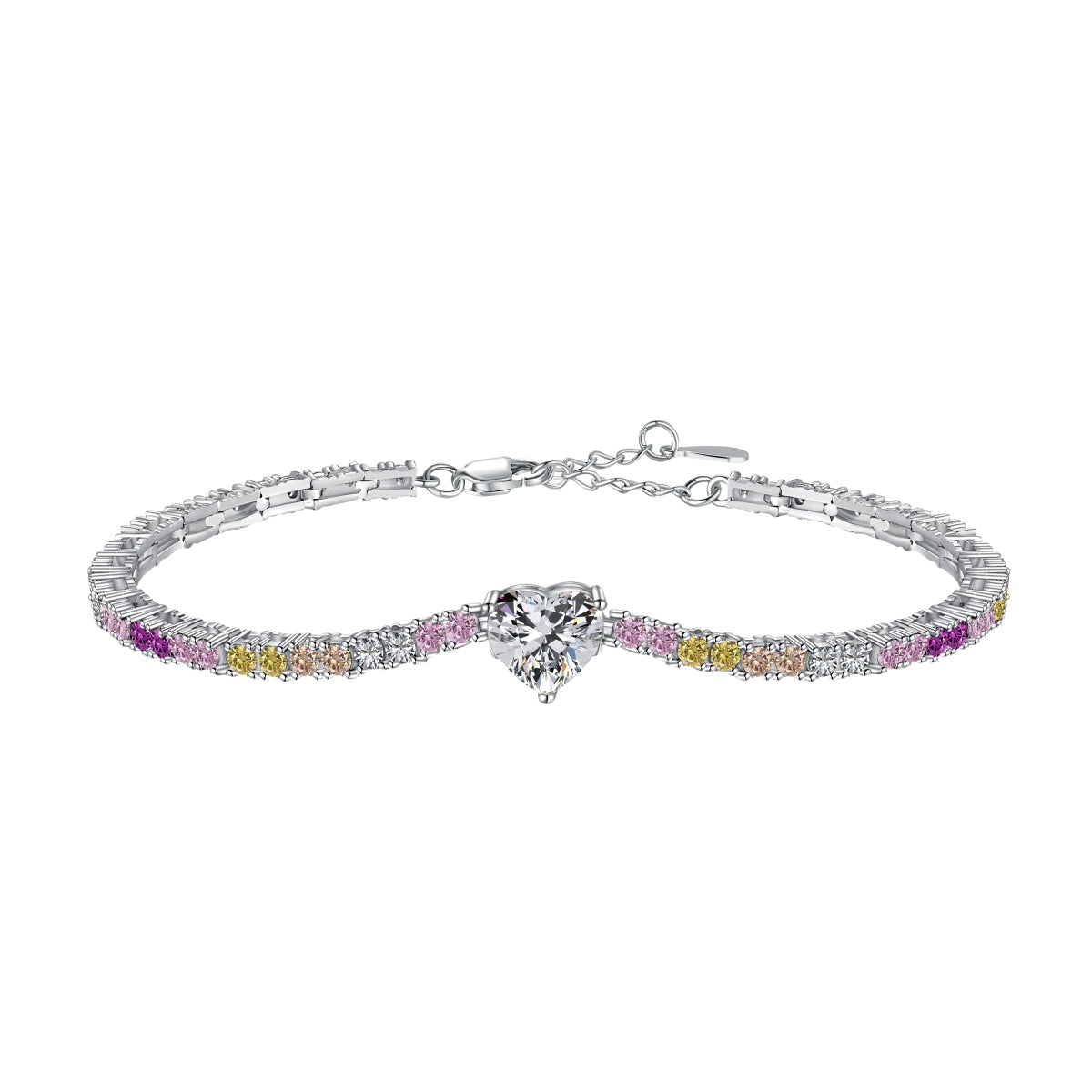 Bracciale tennis con baguette multicolor e cuore bianco